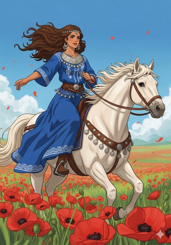 Heroine riding through fields